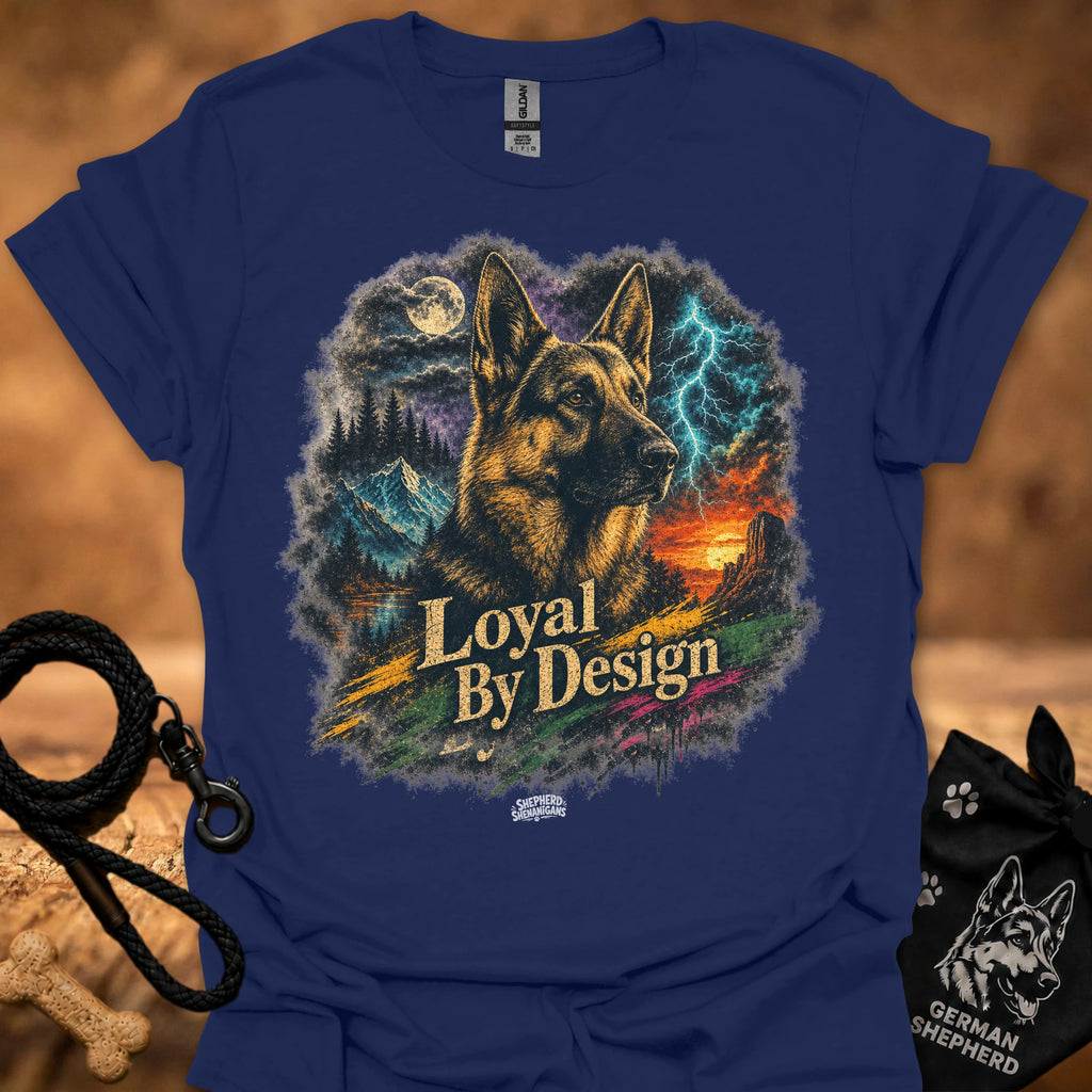 Navy T-shirt with German shepherd graphic and “Loyal By Design” text