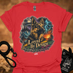 Red T-shirt with German shepherd graphic and “Loyal By Design” text