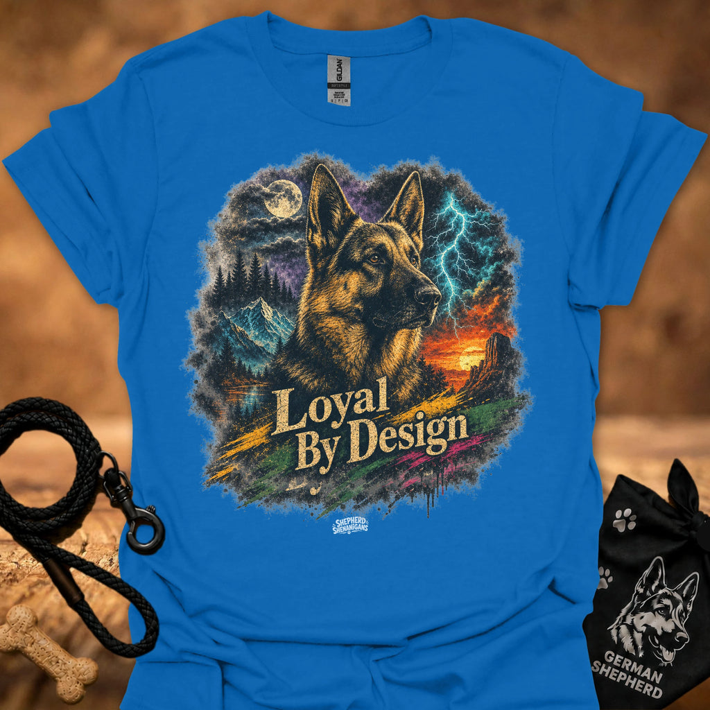 Royal blue T-shirt with German shepherd graphic and “Loyal By Design” text