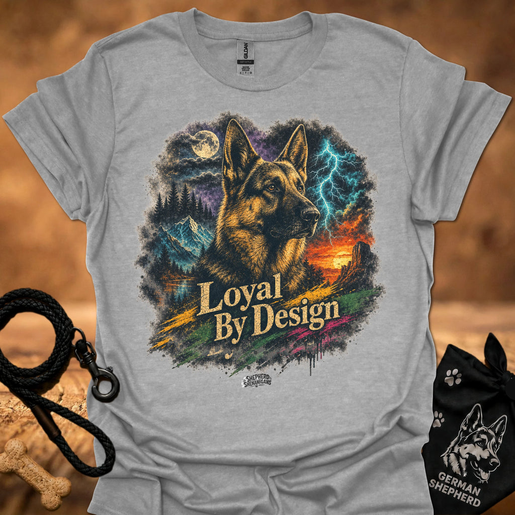 Light gray T-shirt with German shepherd graphic and “Loyal By Design” text