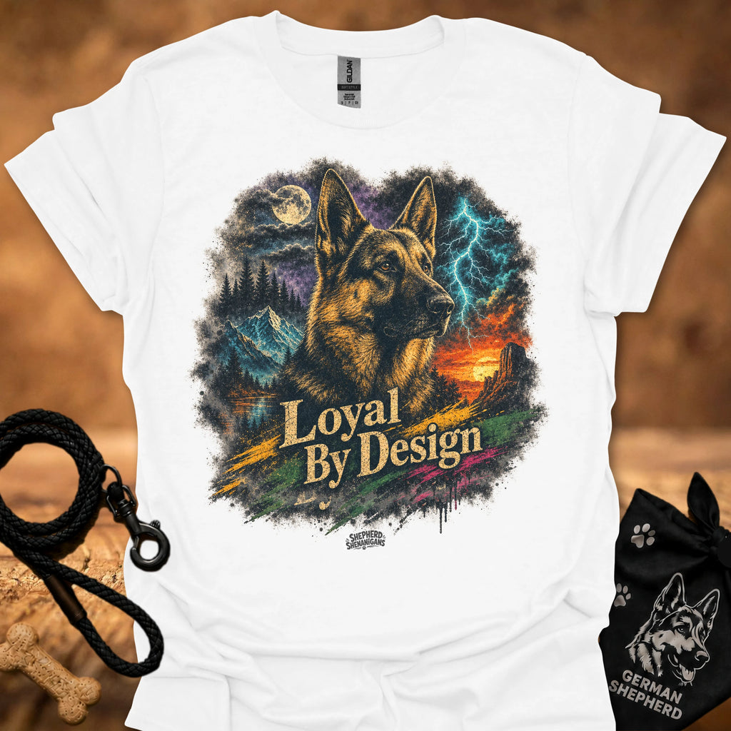 White T-shirt with German shepherd graphic and “Loyal By Design” text