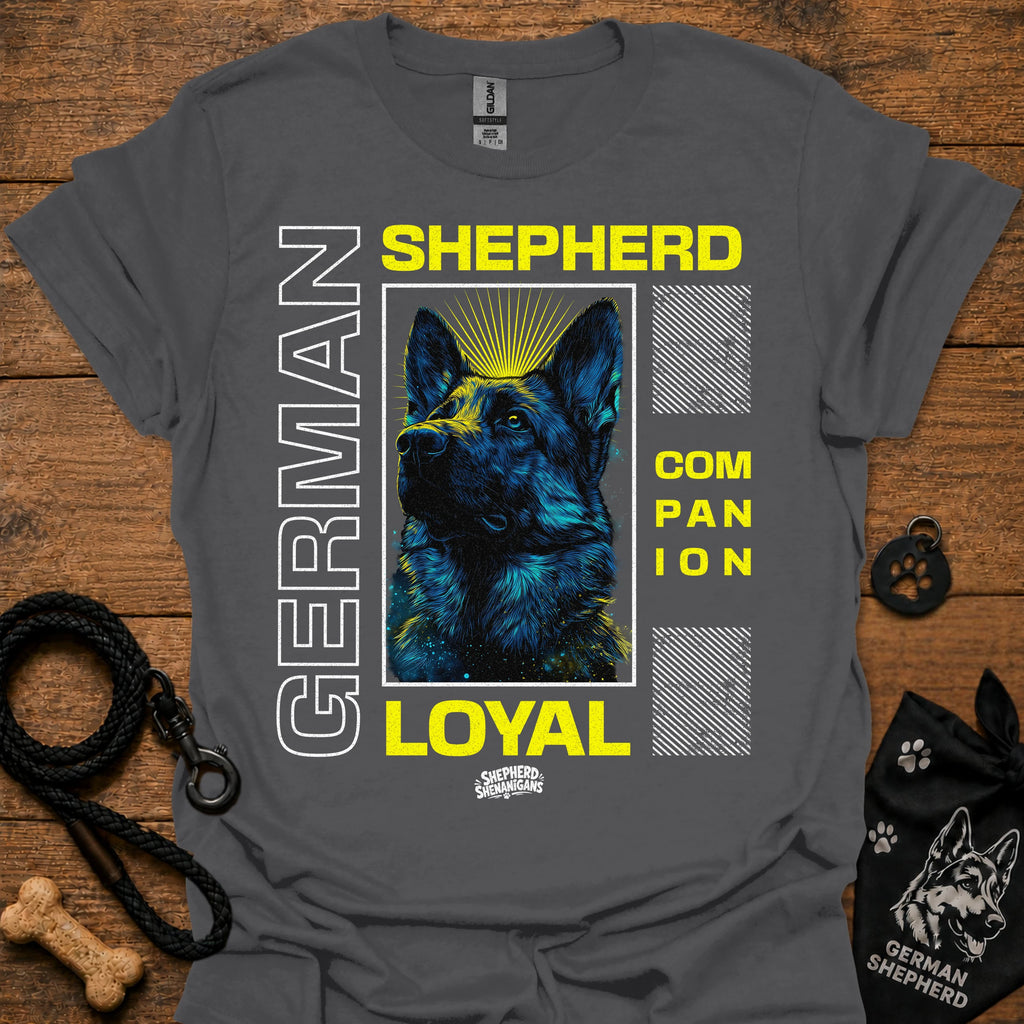 Charcoal graphic T-shirt with German Shepherd portrait and 'LOYAL' text