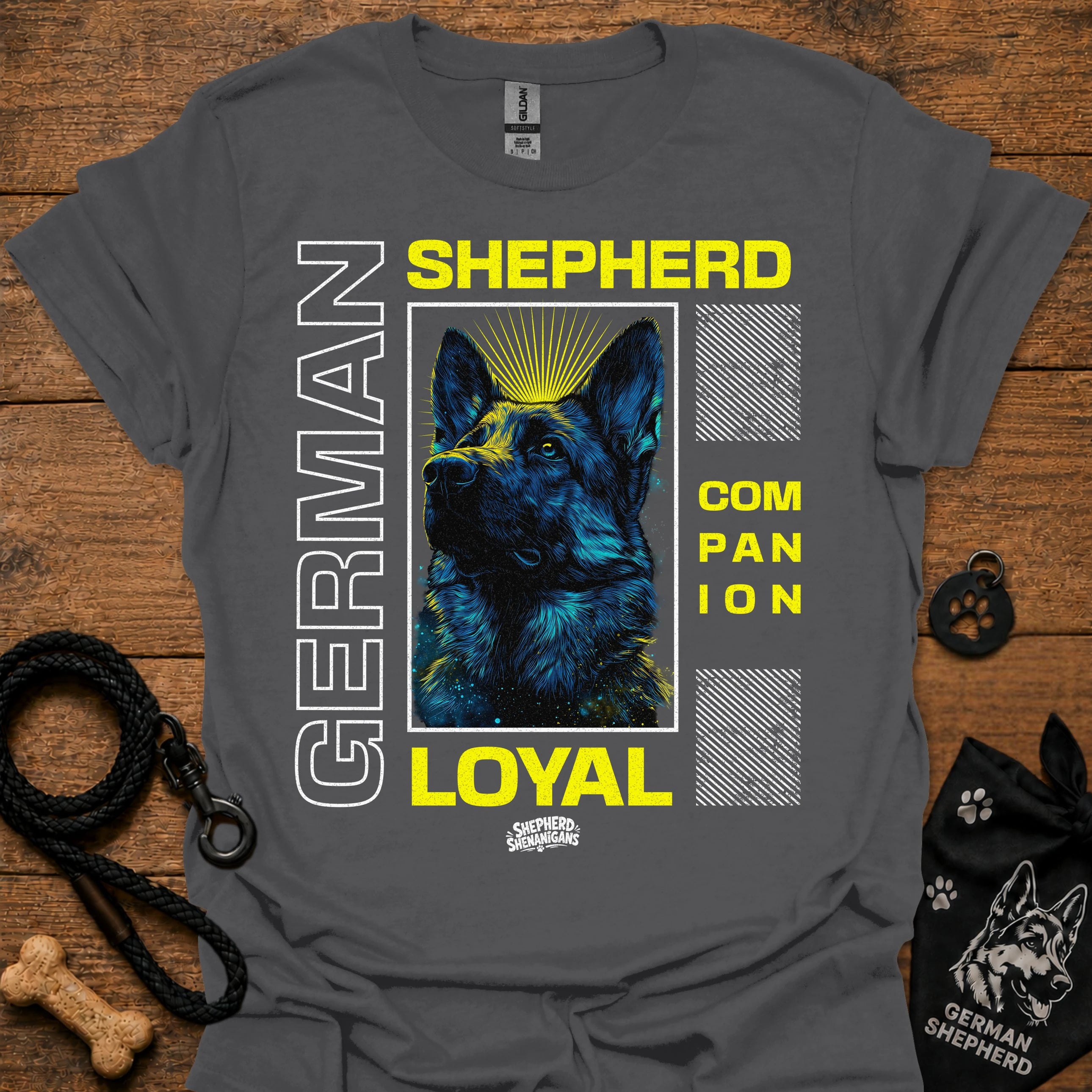 Charcoal graphic T-shirt with German Shepherd portrait and 'LOYAL' text
