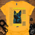 Gold graphic T-shirt with German Shepherd portrait and 'LOYAL' text