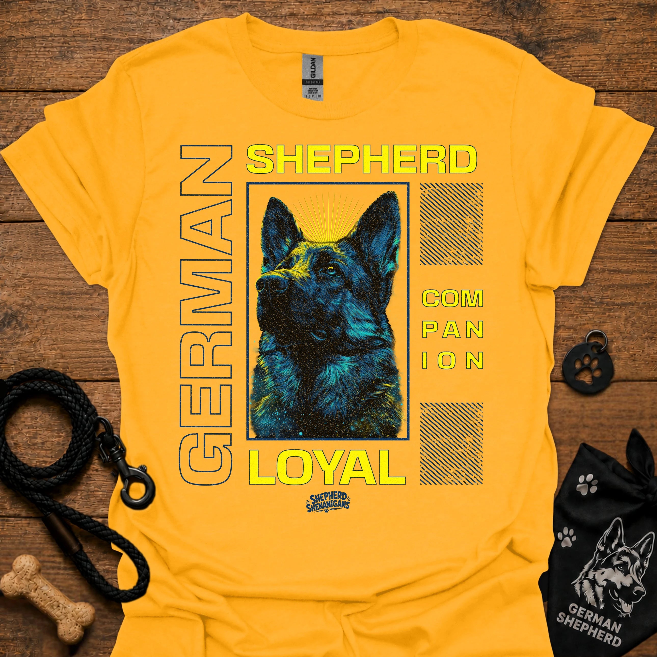 Gold graphic T-shirt with German Shepherd portrait and 'LOYAL' text