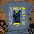 Heather blue graphic T-shirt with German Shepherd portrait and 'LOYAL' text