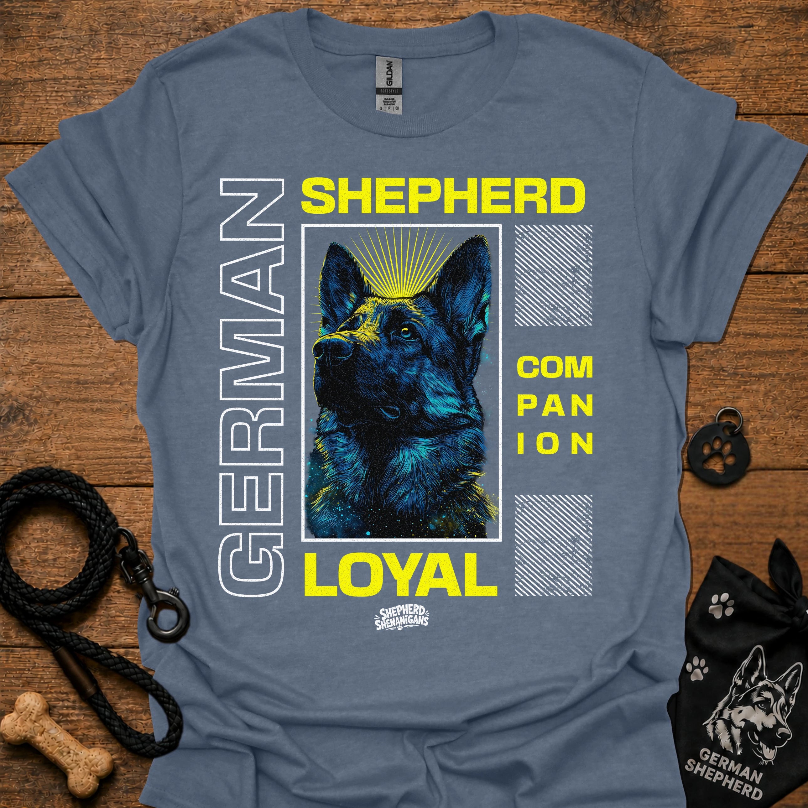 Heather blue graphic T-shirt with German Shepherd portrait and 'LOYAL' text