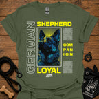 Military green graphic T-shirt with German Shepherd portrait and 'LOYAL' text