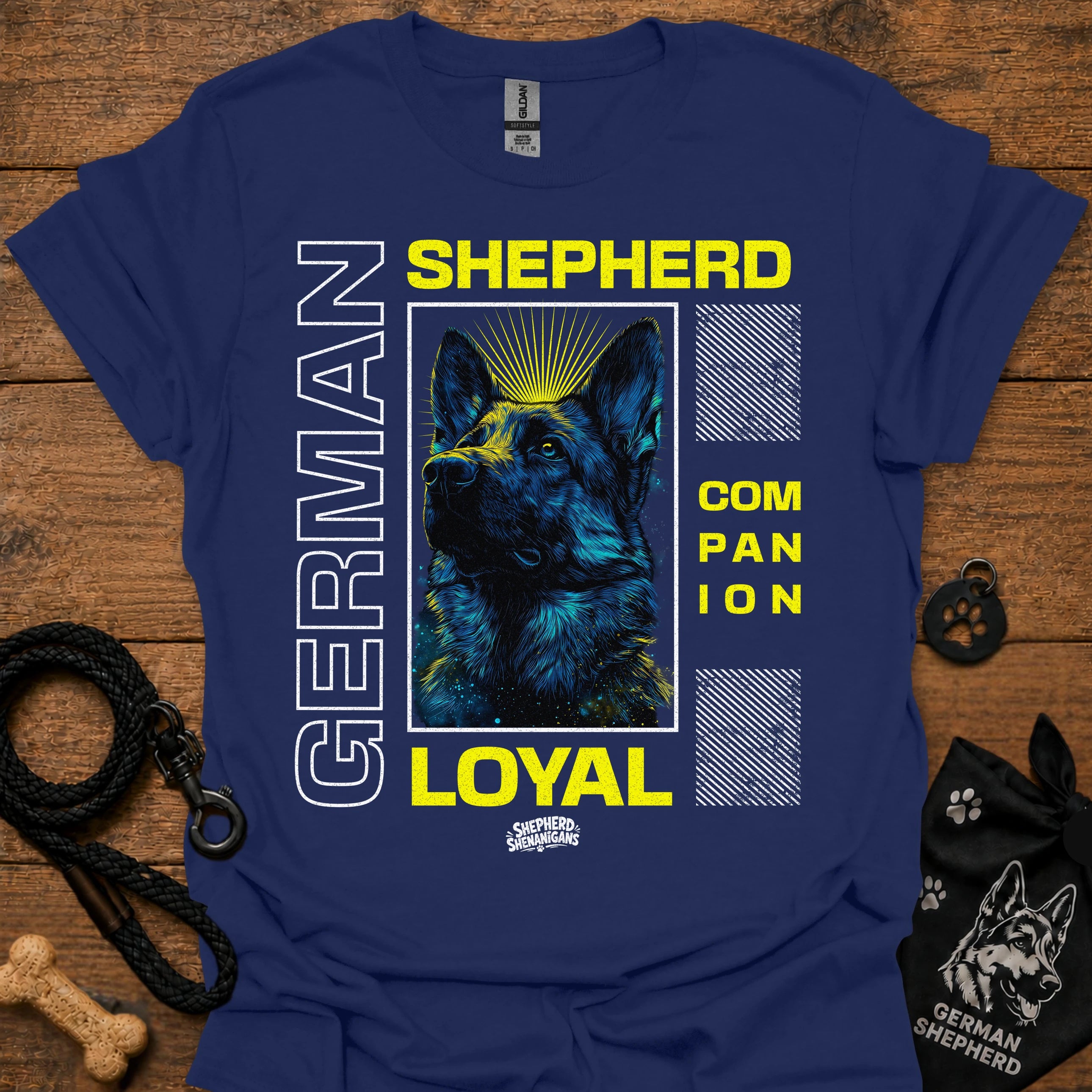Navy graphic T-shirt with German Shepherd portrait and 'LOYAL' text