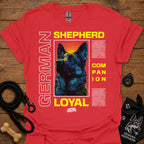 Red graphic T-shirt with German Shepherd portrait and 'LOYAL' text