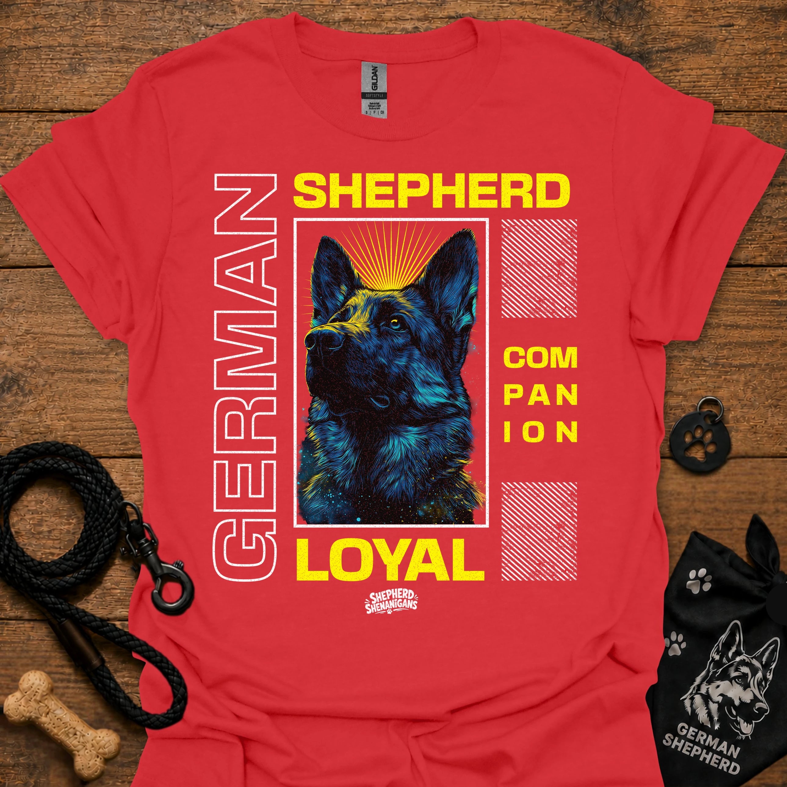 Red graphic T-shirt with German Shepherd portrait and 'LOYAL' text