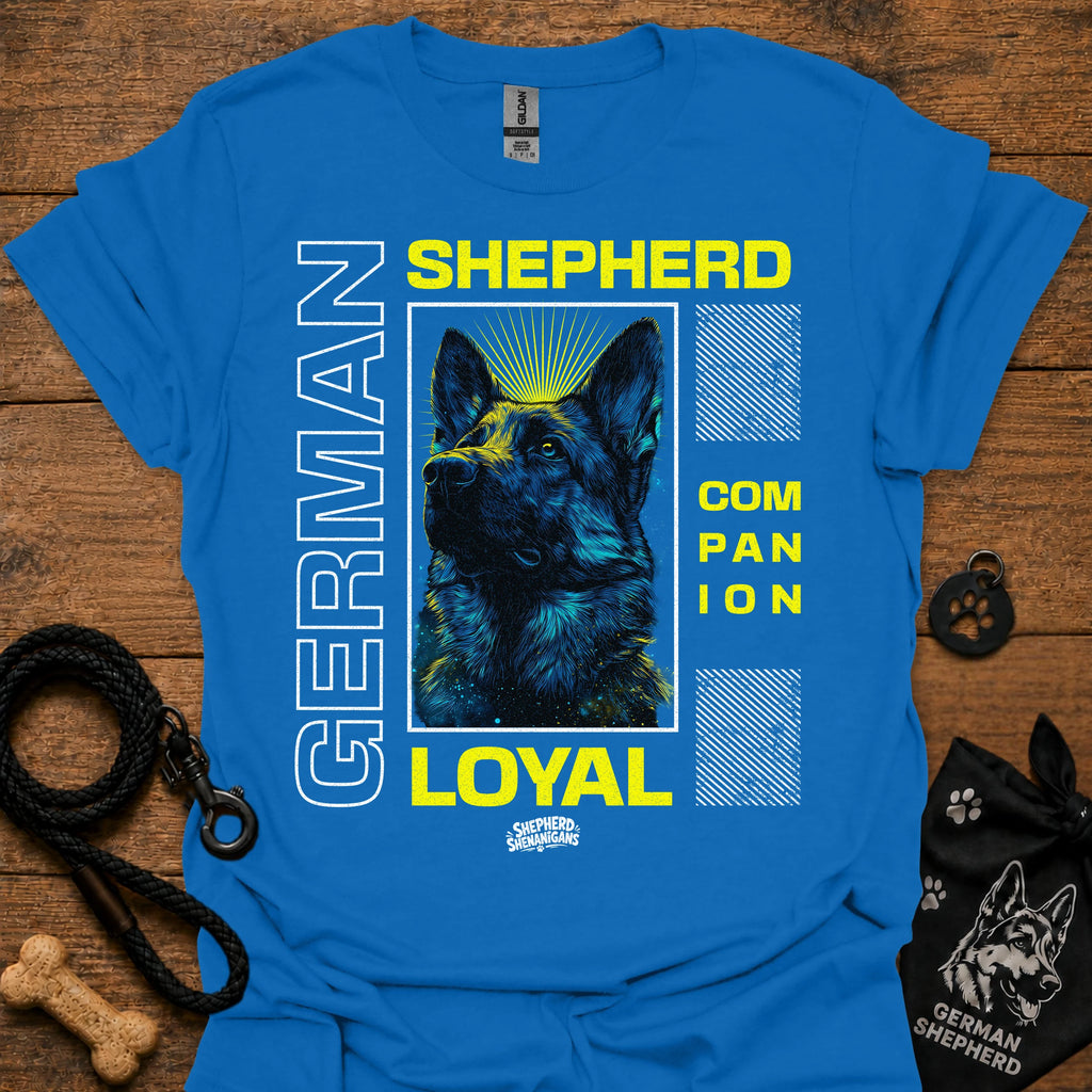 Royal blue graphic T-shirt with German Shepherd portrait and 'LOYAL' text
