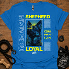 Royal blue graphic T-shirt with German Shepherd portrait and 'LOYAL' text