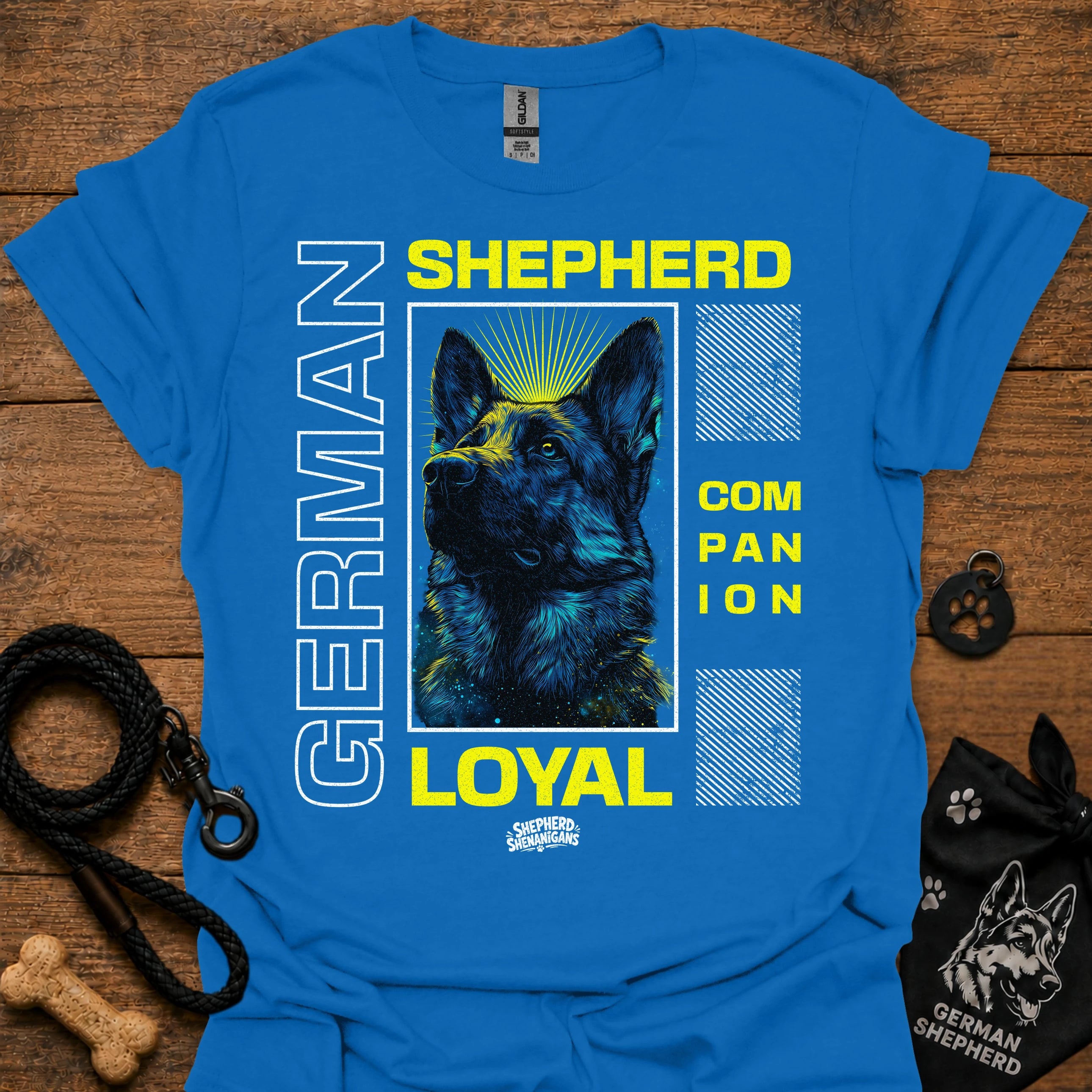 Royal blue graphic T-shirt with German Shepherd portrait and 'LOYAL' text