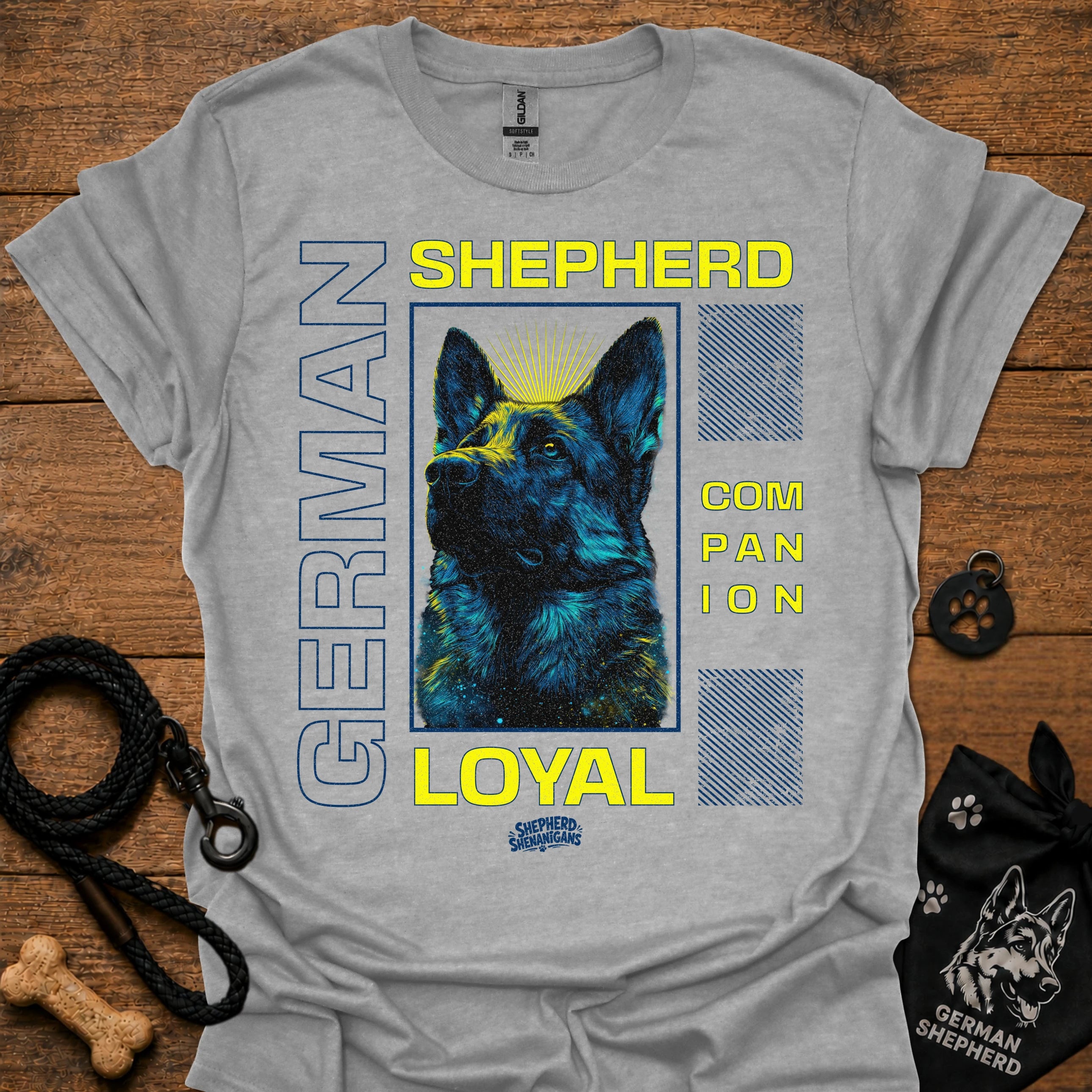 Sport grey graphic T-shirt with German Shepherd portrait and 'LOYAL' text