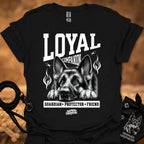 Black crew-neck t-shirt with German shepherd graphic and L.YAI companion print