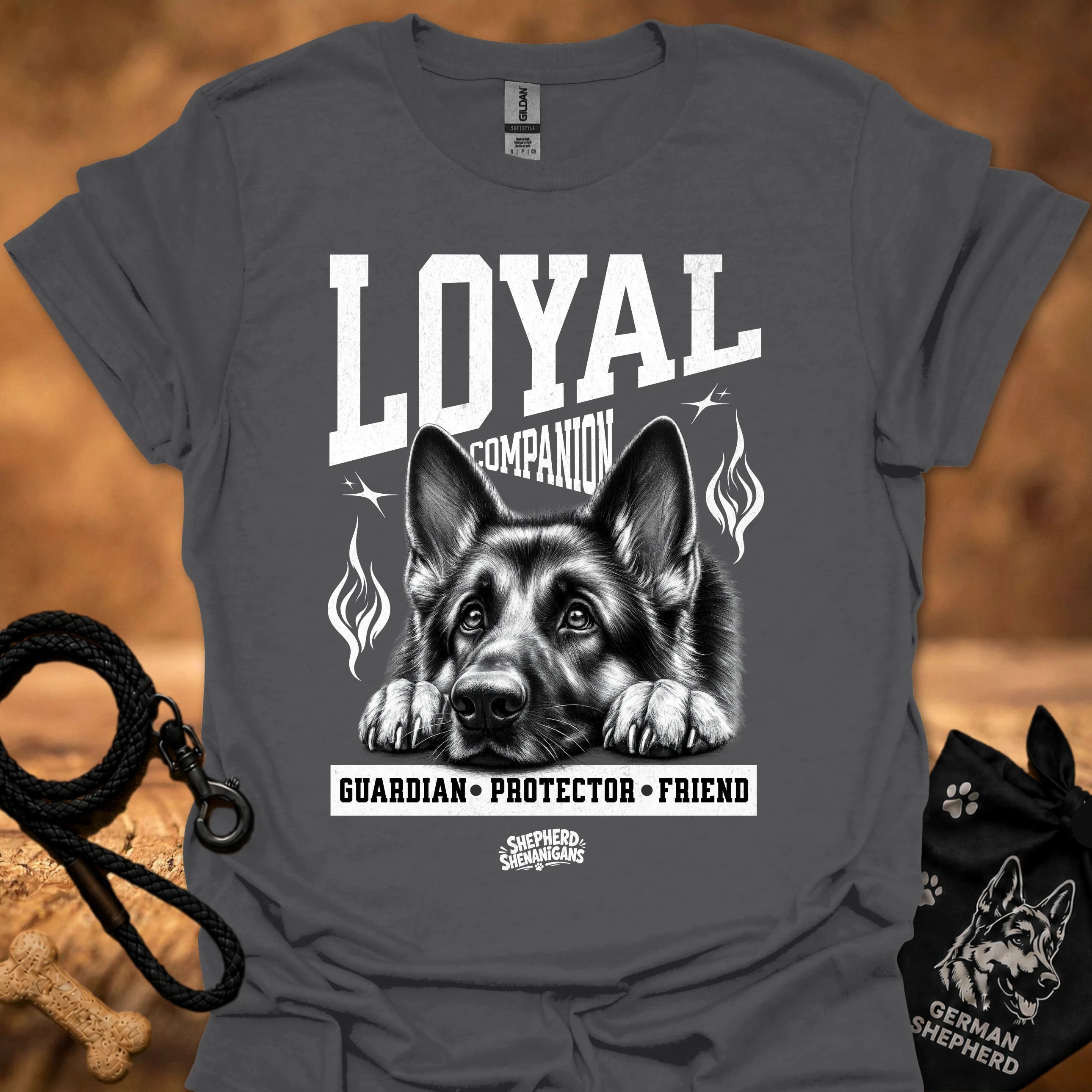 Charcoal crew-neck t-shirt with German shepherd graphic and L.YAI companion print