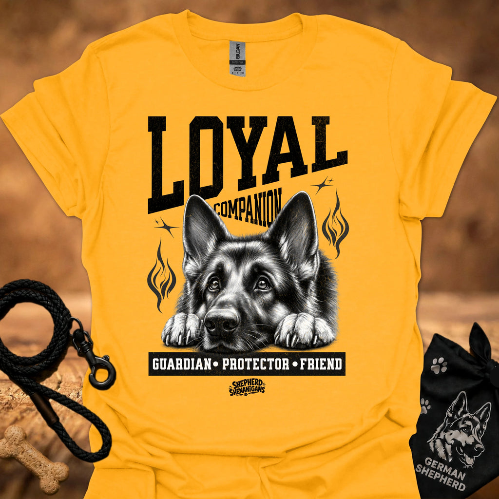 Gold crew-neck t-shirt with German shepherd graphic and L.YAI companion print