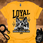 Gold crew-neck t-shirt with German shepherd graphic and L.YAI companion print