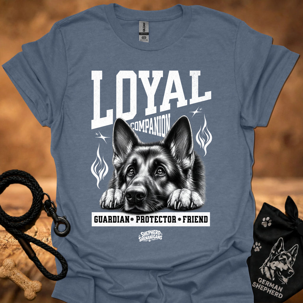 Heather indigo crew-neck t-shirt with German shepherd graphic and L.YAI companion print