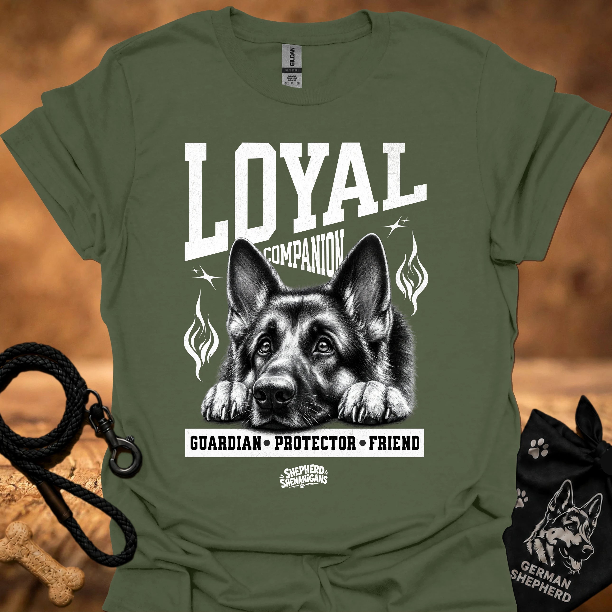 Military green crew-neck t-shirt with German shepherd graphic and L.YAI companion print