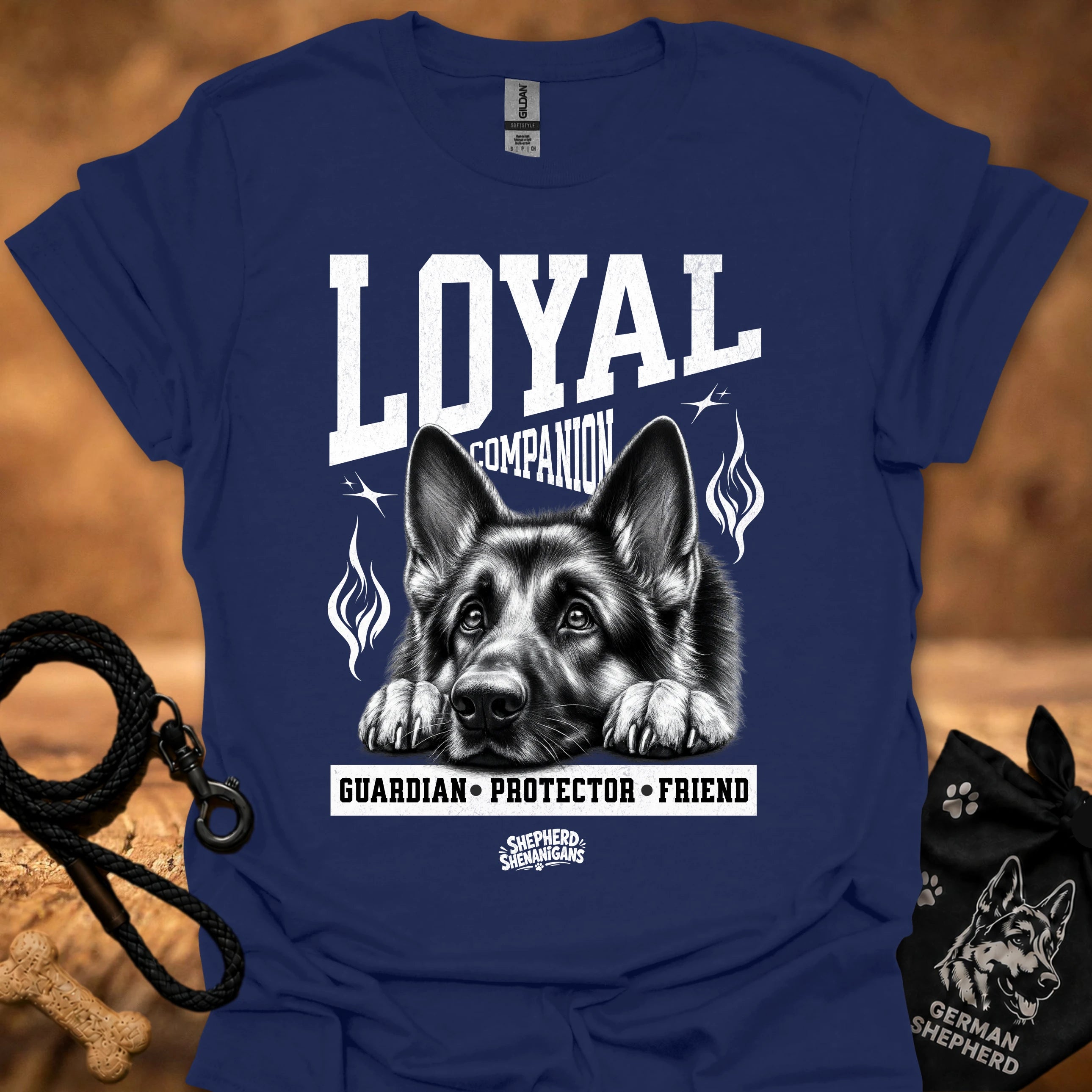 Navy crew-neck t-shirt with German shepherd graphic and L.YAI companion print