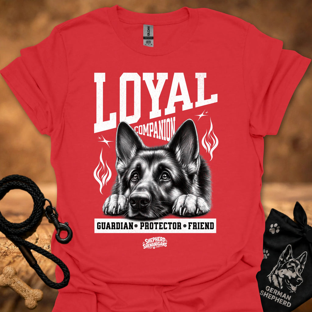 Red crew-neck t-shirt with German shepherd graphic and L.YAI companion print