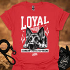 Red crew-neck t-shirt with German shepherd graphic and L.YAI companion print