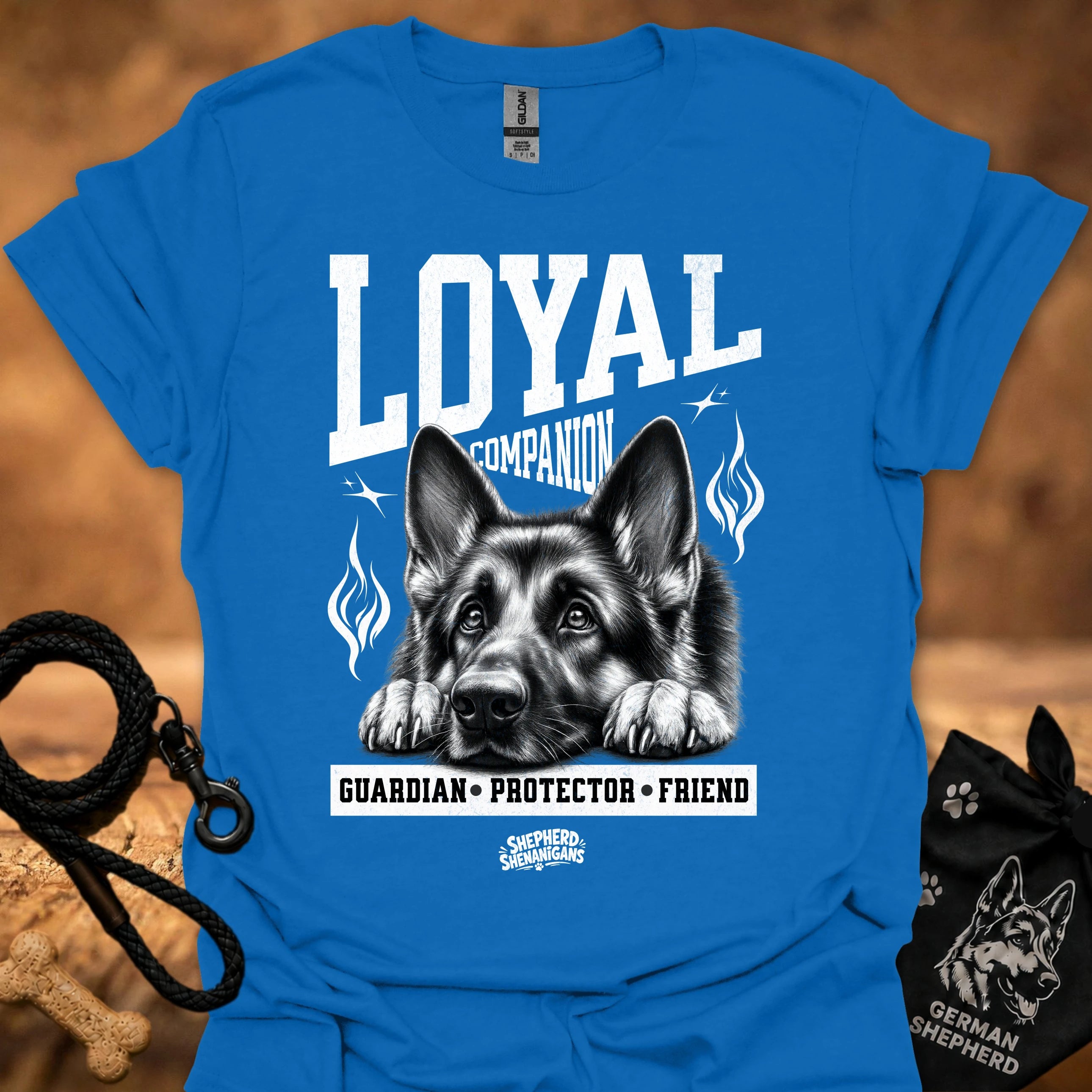 Royal blue crew-neck t-shirt with German shepherd graphic and L.YAI companion print