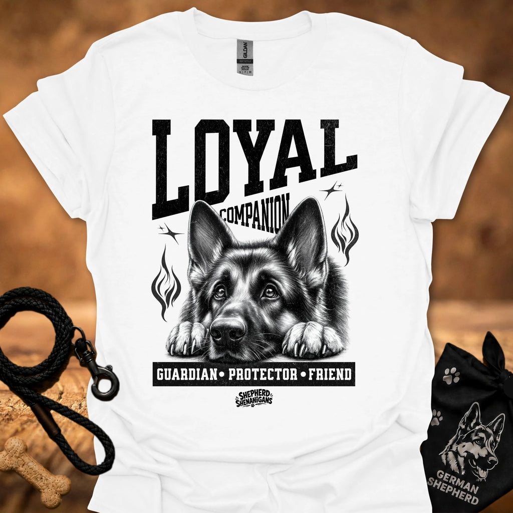 White crew-neck t-shirt with German shepherd graphic and L.YAI companion print