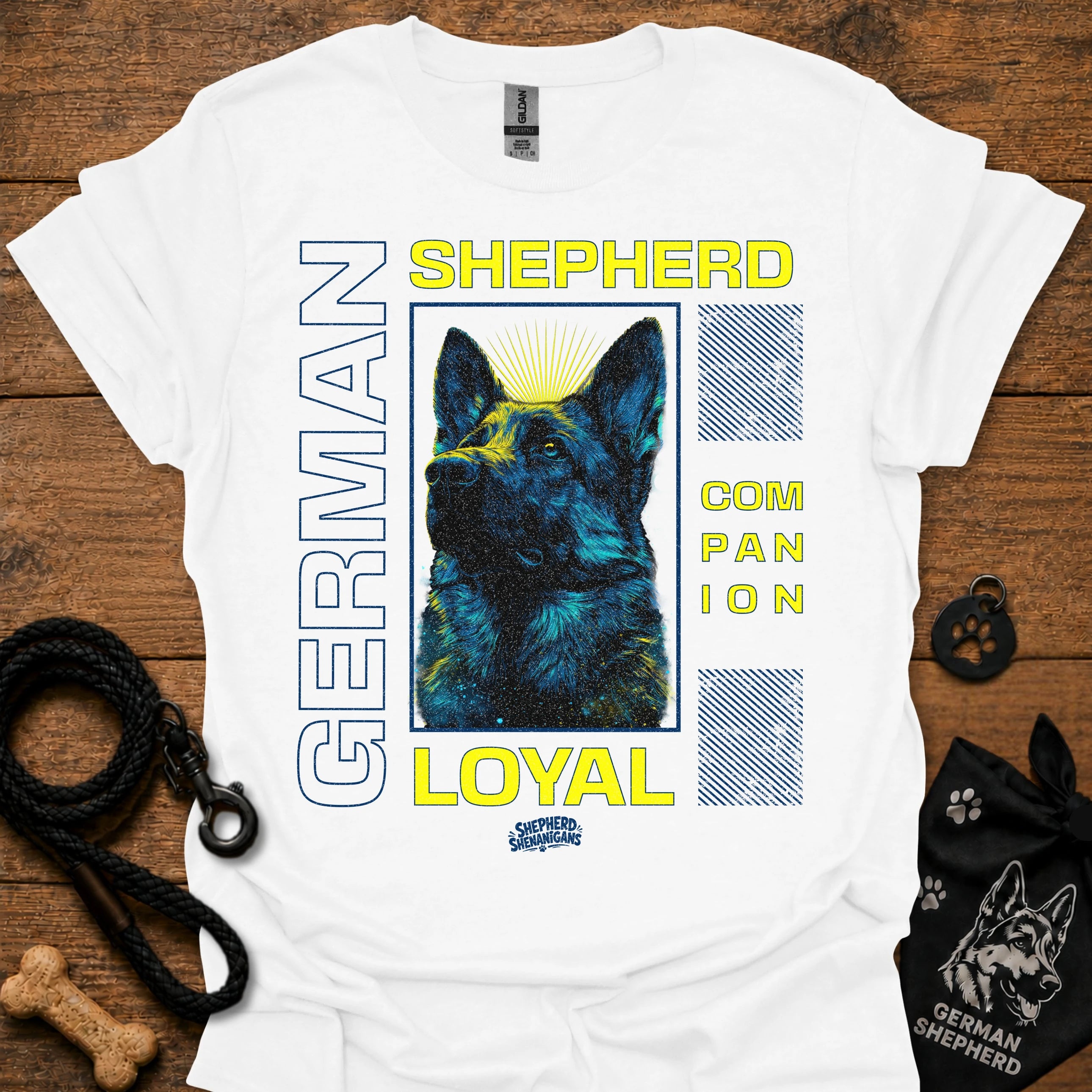 White graphic T-shirt with German Shepherd portrait and 'LOYAL' text