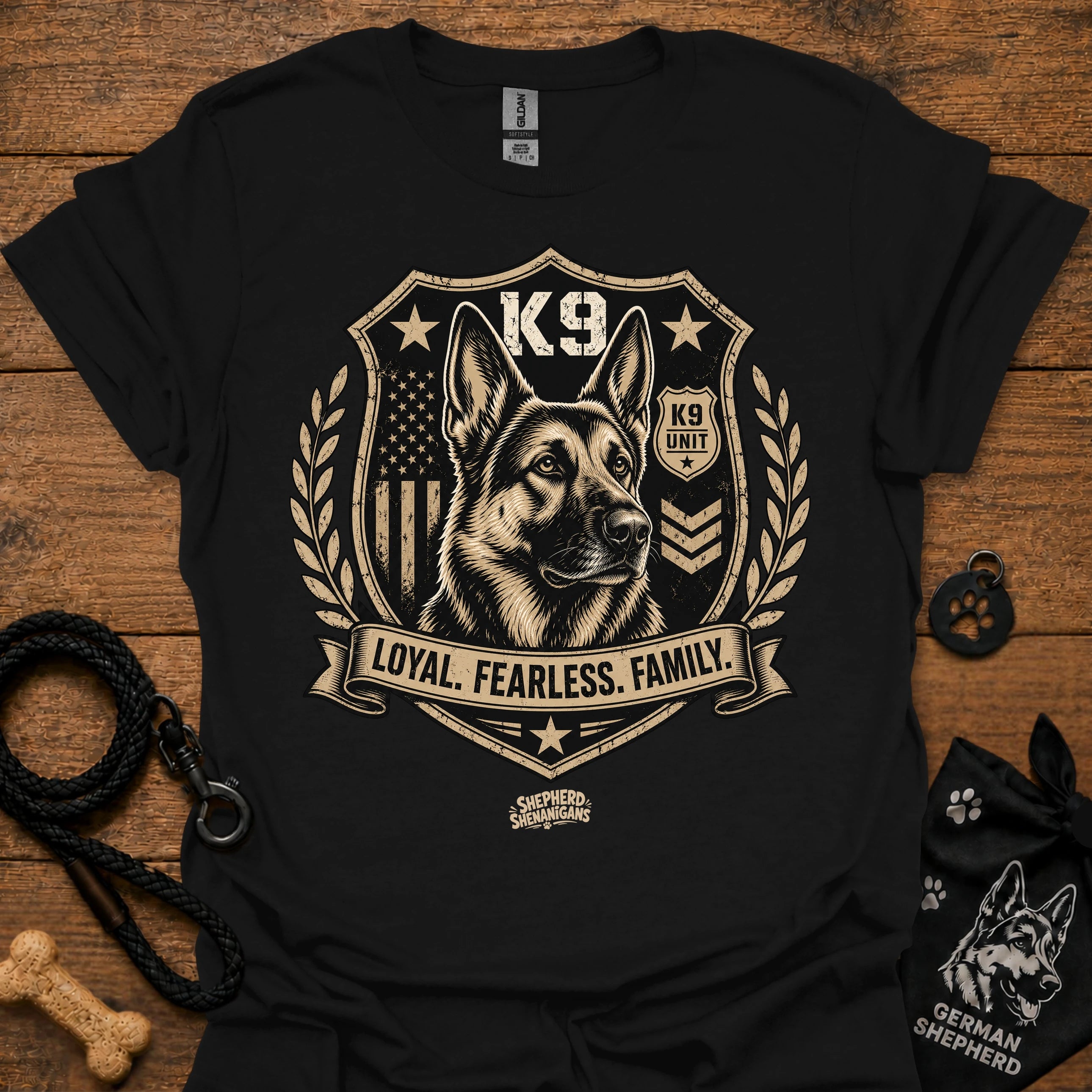 Black crew-neck t-shirt with K9 crest "Loyal Fearless Family" front graphic.