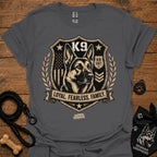 Charcoal crew-neck t-shirt with K9 crest "Loyal Fearless Family" front graphic.