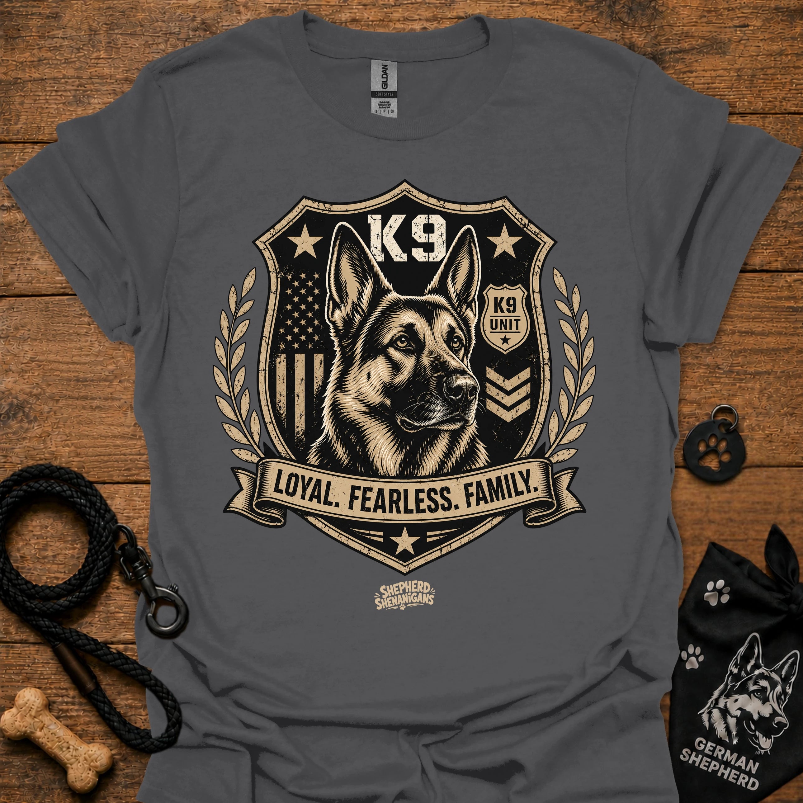 Charcoal crew-neck t-shirt with K9 crest "Loyal Fearless Family" front graphic.