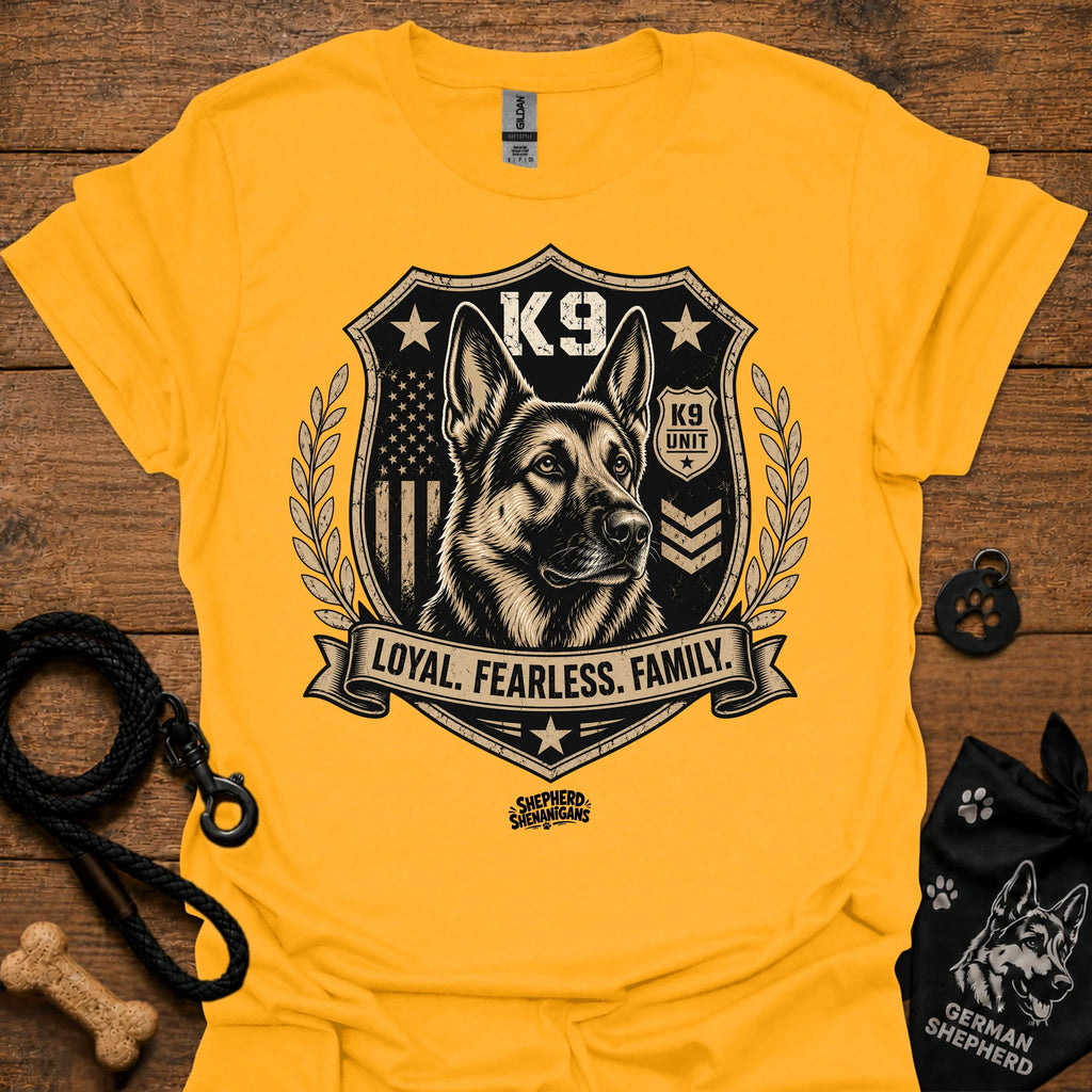 Gold crew-neck t-shirt with K9 crest "Loyal Fearless Family" front graphic.