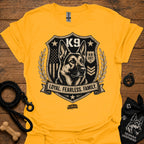 Gold crew-neck t-shirt with K9 crest "Loyal Fearless Family" front graphic.