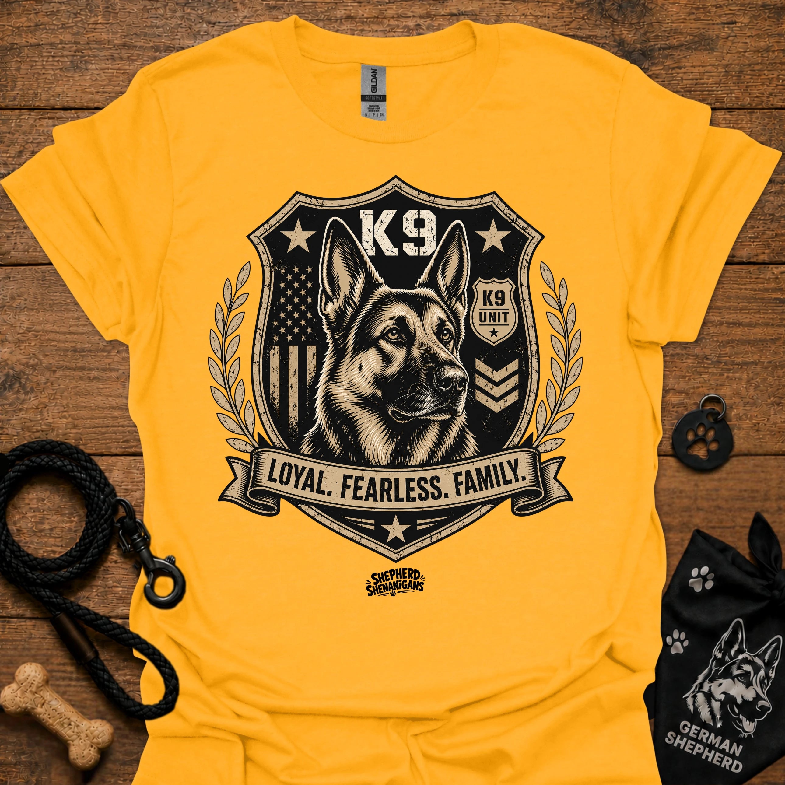 Gold crew-neck t-shirt with K9 crest "Loyal Fearless Family" front graphic.