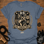 Steel blue crew-neck t-shirt with K9 crest "Loyal Fearless Family" front graphic.