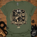 Military green crew-neck t-shirt with K9 crest "Loyal Fearless Family" front graphic.