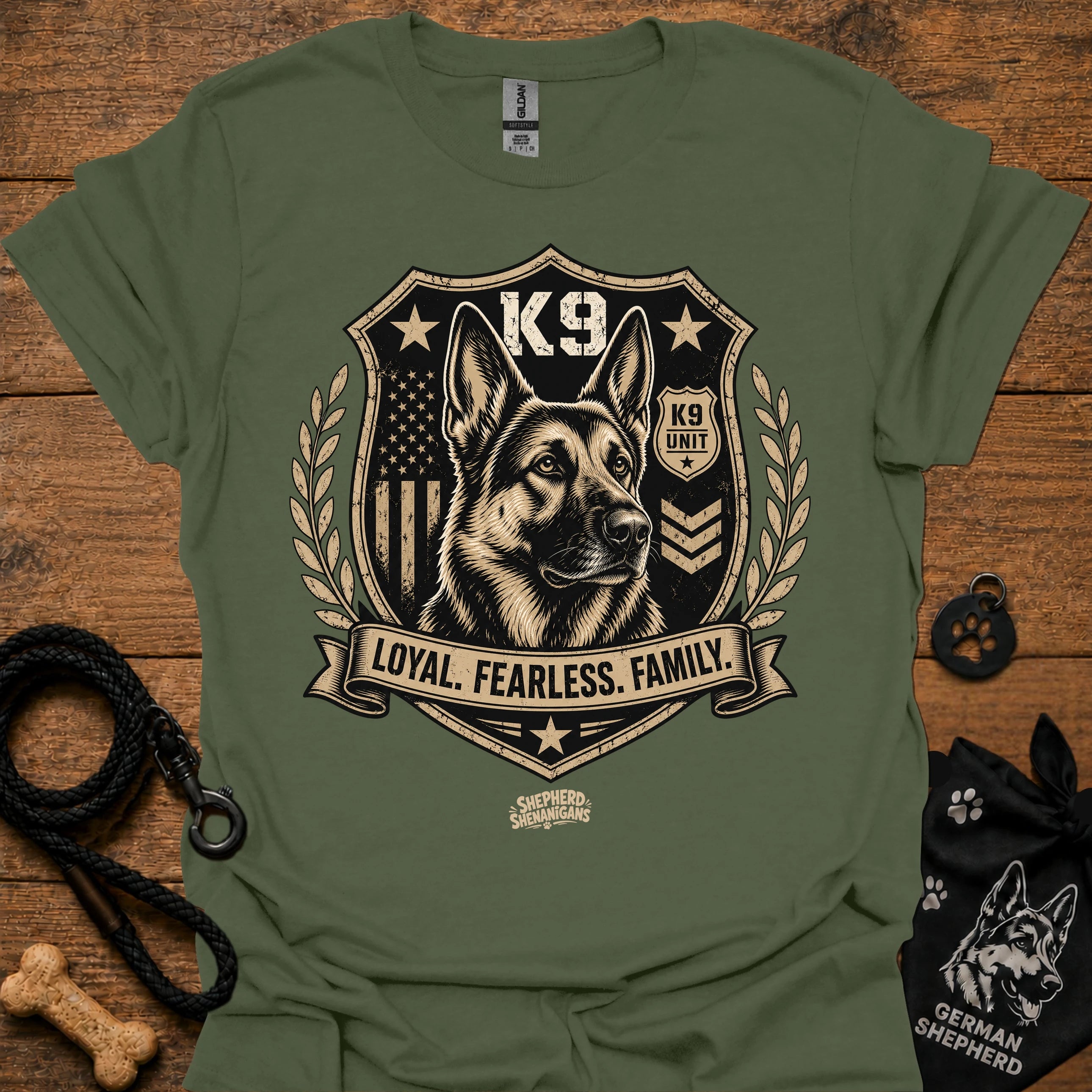 Military green crew-neck t-shirt with K9 crest "Loyal Fearless Family" front graphic.