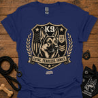 Navy crew-neck t-shirt with K9 crest "Loyal Fearless Family" front graphic.