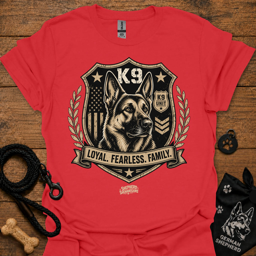 Red crew-neck t-shirt with K9 crest "Loyal Fearless Family" front graphic.