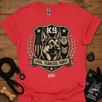 Red crew-neck t-shirt with K9 crest "Loyal Fearless Family" front graphic.