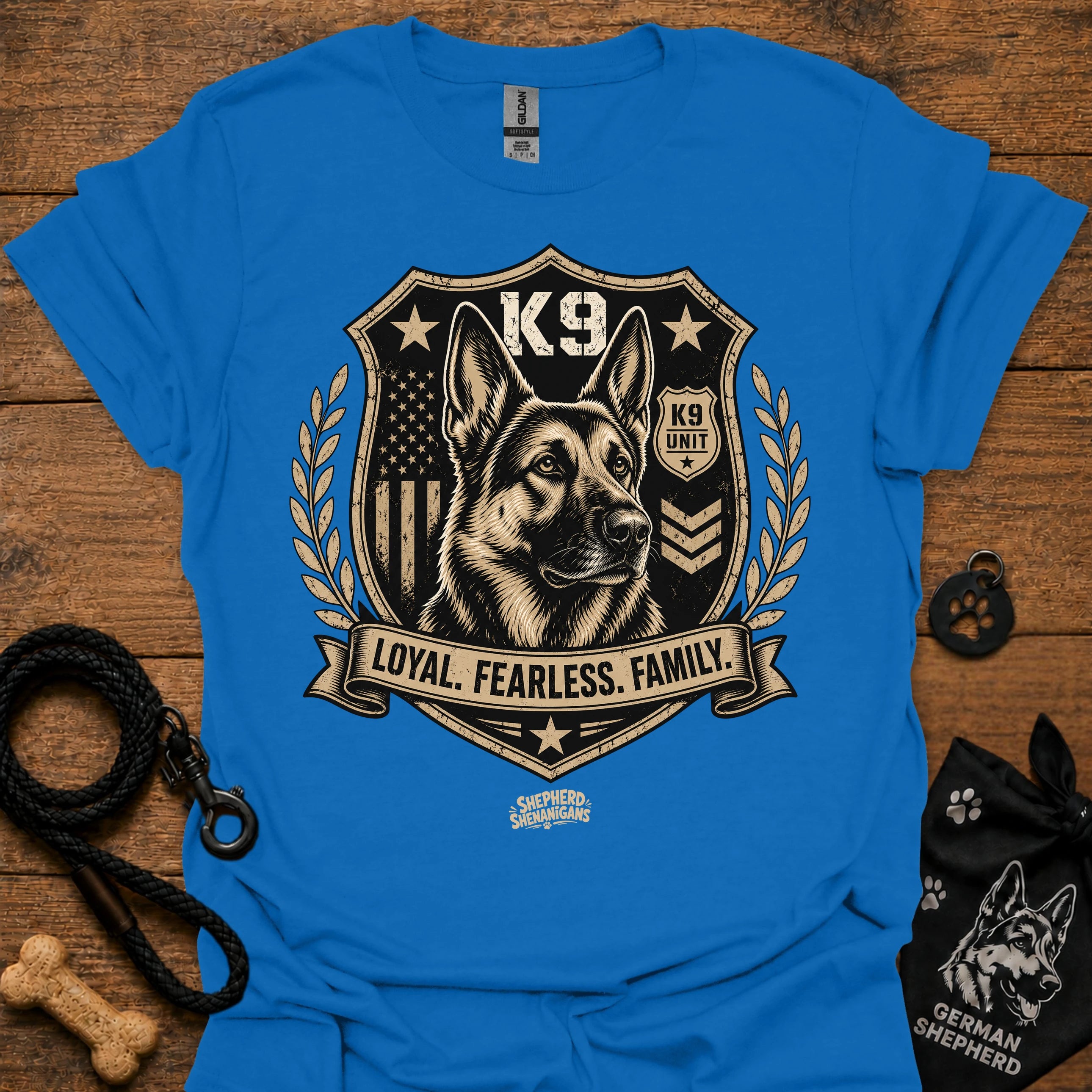 Royal blue crew-neck t-shirt with K9 crest "Loyal Fearless Family" front graphic.