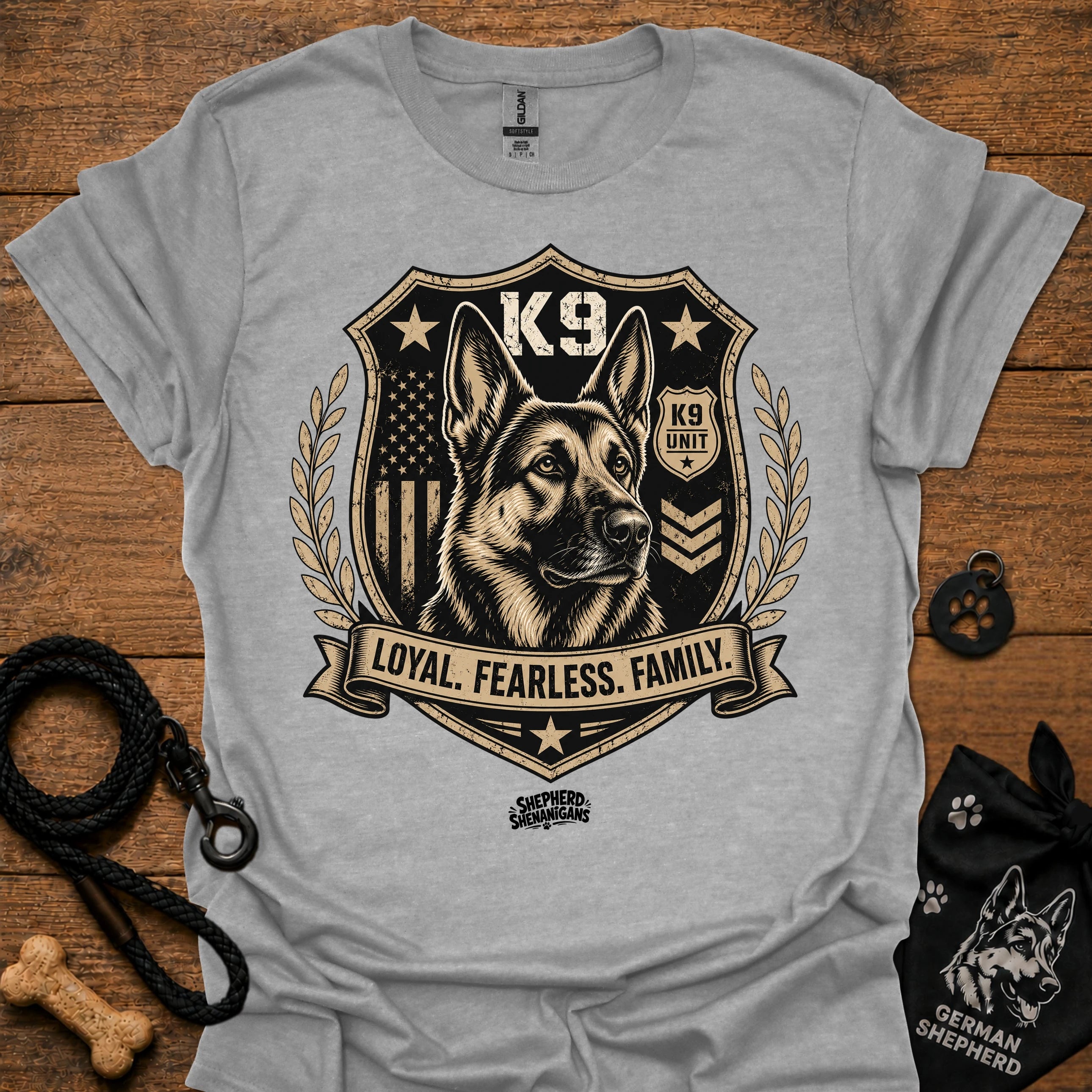 Heather gray crew-neck t-shirt with K9 crest "Loyal Fearless Family" front graphic.