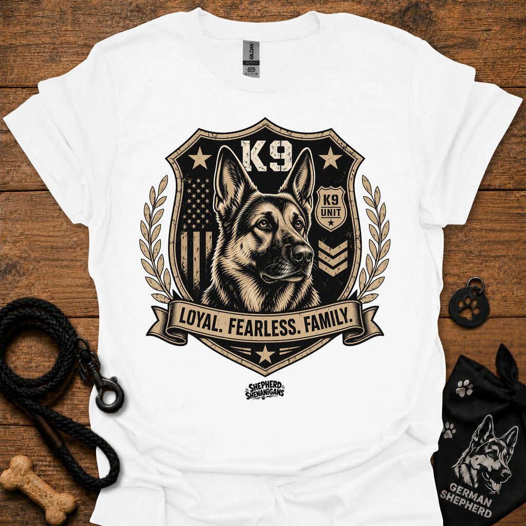 White crew-neck t-shirt with K9 crest "Loyal Fearless Family" front graphic.
