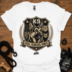 White crew-neck t-shirt with K9 crest "Loyal Fearless Family" front graphic.