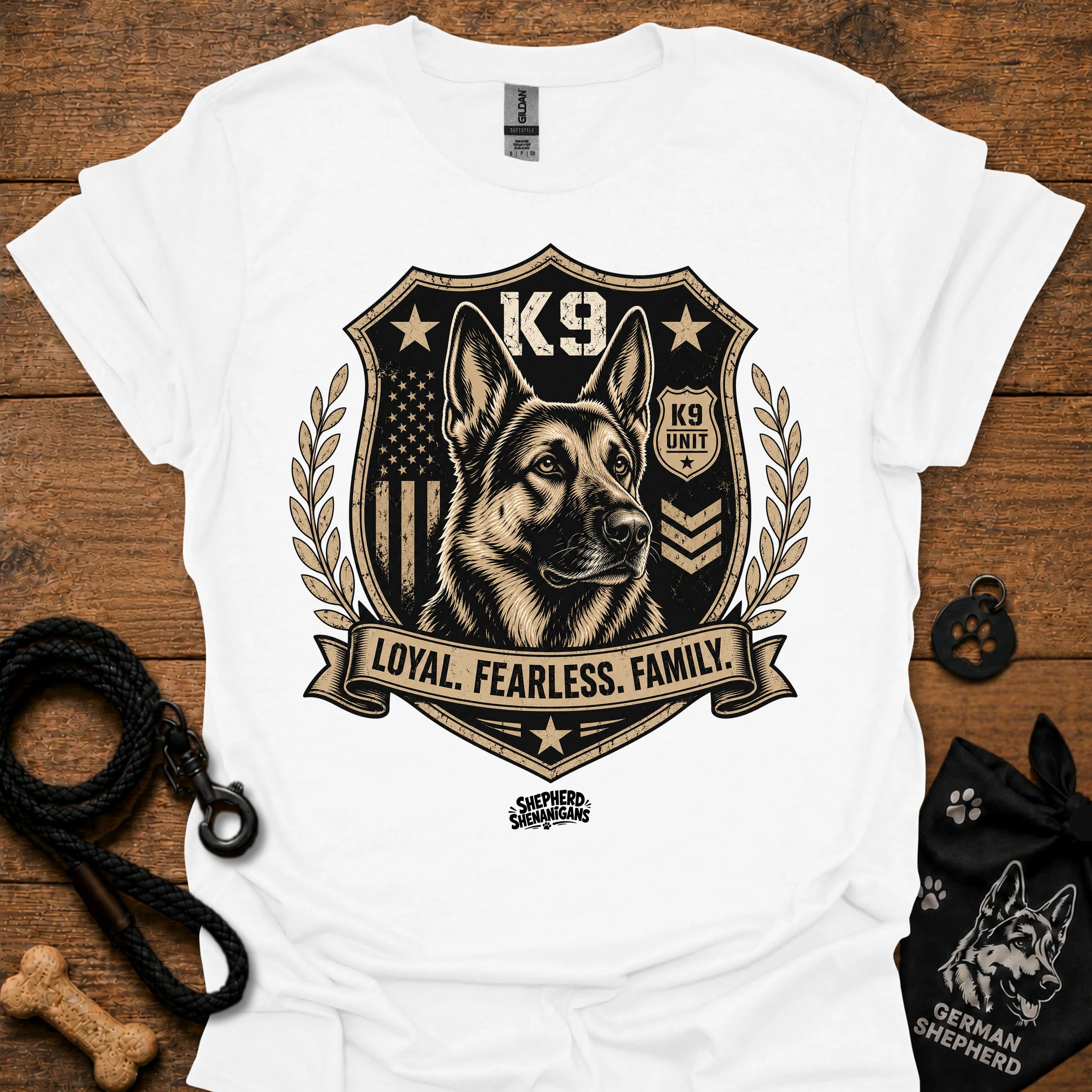 White crew-neck t-shirt with K9 crest "Loyal Fearless Family" front graphic.