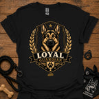 Black Loyal guardian graphic T-shirt with German shepherd emblem in gold and black