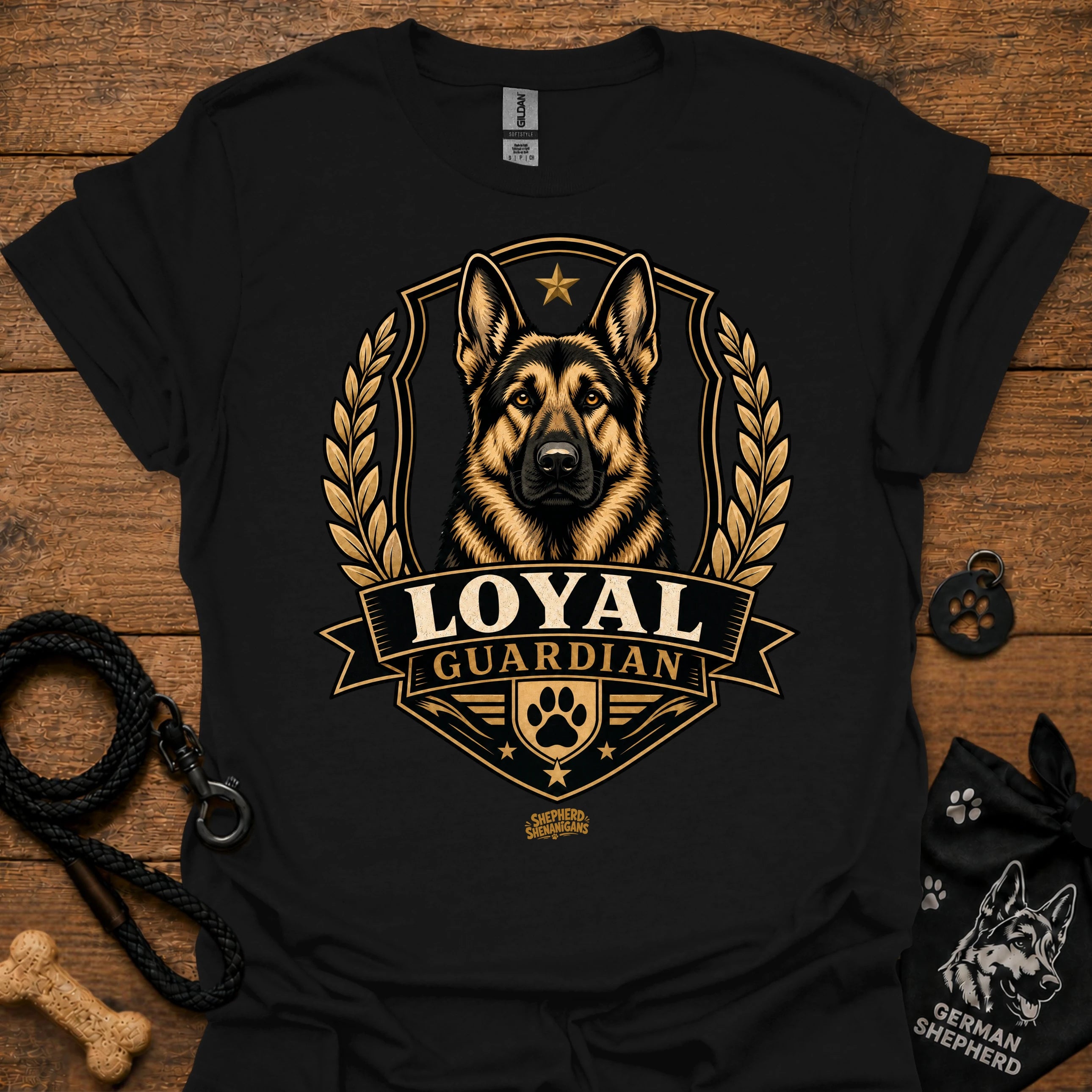 Black Loyal guardian graphic T-shirt with German shepherd emblem in gold and black